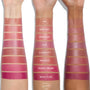 ColourPop Liquid Blush in THX swatched across three skin tones, showing a warm peachy-rose shade with a dewy sheen; additional rows compare Super Shy, Angel Face, IKTR, Culver City, She’s Cute, Wildest Dreams, and Royal Flush on the same arms.