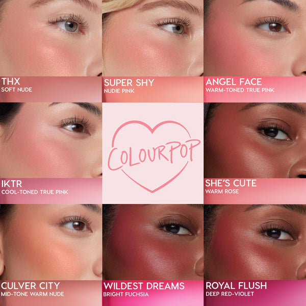 ColourPop Super Shy liquid blush swatched on a cheek - nudie pink with a dewy glow - shown in a 3x3 shade chart alongside THX, Angel Face, IKTR, She’s Cute, Culver City, Wildest Dreams, and Royal Flush, with a heart ColourPop logo centered.
