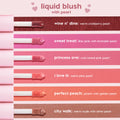 City Walk ColourPop Liquid Blush swatched on a doe-foot wand, warm nude with silver pearl finish, displayed at the bottom of a six-shade lineup on a pink backdrop.