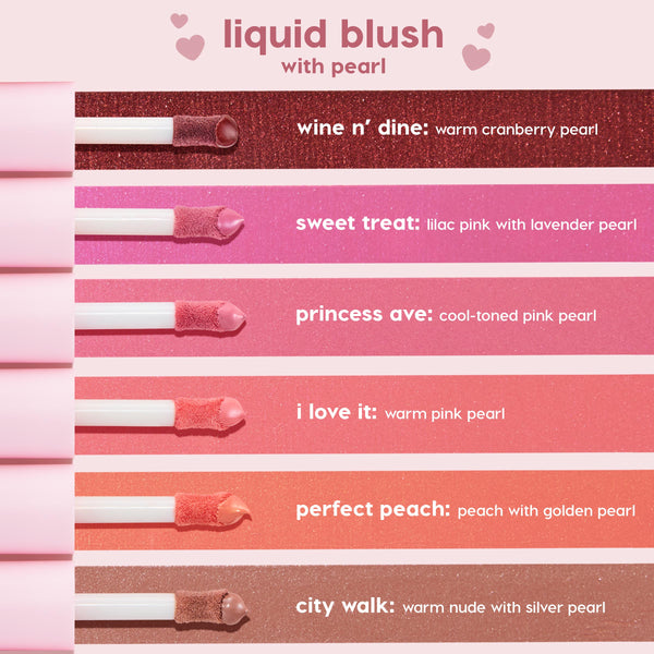 City Walk ColourPop Liquid Blush swatched on a doe-foot wand, warm nude with silver pearl finish, displayed at the bottom of a six-shade lineup on a pink backdrop.