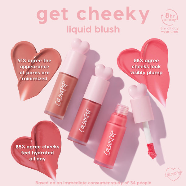 ColourPop Liquid Blush She's Cute tubes with heart-shaped caps lie on a pink backdrop, one open showing a doe-foot applicator and swatches in heart shapes; infographic notes 8-hour wear, pore blurring, plumping, and all-day hydration.