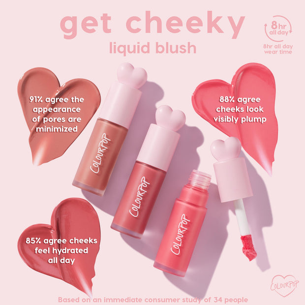 ColourPop Liquid Blush She's Cute tubes with heart-shaped caps lie on a pink backdrop, one open showing a doe-foot applicator and swatches in heart shapes; infographic notes 8-hour wear, pore blurring, plumping, and all-day hydration.