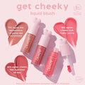THX ColourPop Liquid Blush tubes with pink heart-shaped caps and a doe-foot applicator shown in three rosy shades, swatched as hearts; highlights 8-hour wear with claims of minimized pores, plumper, hydrated cheeks from a 34-person study.