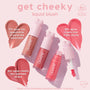 THX ColourPop Liquid Blush tubes with pink heart-shaped caps and a doe-foot applicator shown in three rosy shades, swatched as hearts; highlights 8-hour wear with claims of minimized pores, plumper, hydrated cheeks from a 34-person study.