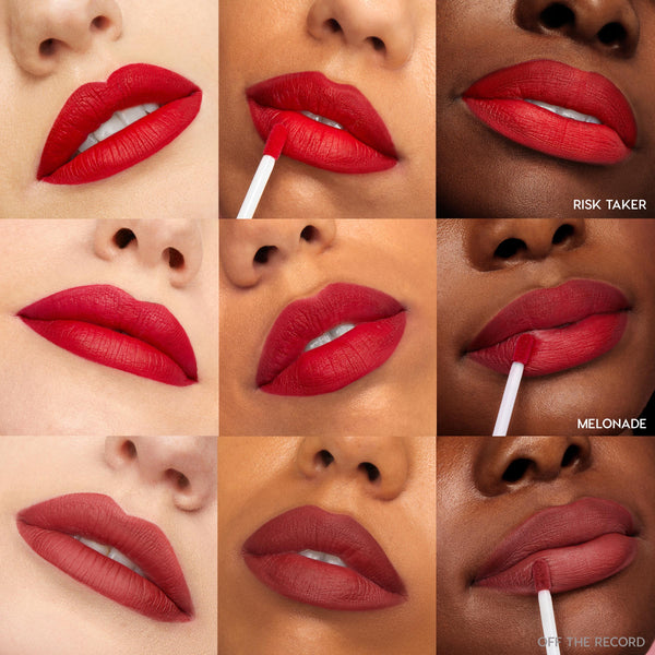 ColourPop Ultra Matte Lip Major Hottie swatches - bold red tones applied on diverse lips, some with a doe-foot applicator - displayed in a 3x3 grid featuring shades Risk Taker, Melonade, and Off the Record with a velvety, transfer-resistant finish.