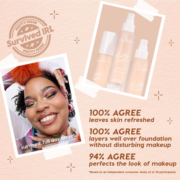 ColourPop Hydrating Prime + Set face set - three Pretty Fresh bottles with mist sprayers - standing on a peach backdrop, shown beside a smiling model; callouts highlight that it refreshes skin, layers over foundation, and perfects makeup.