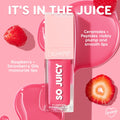 ColourPop So Juicy Lip Oil Set  -  Juicy Moment  -  single pink lip oil bottle stands upright, showcasing plumping glossy formula; raspberry and strawberry oils, ceramides, and peptides called out, with berries and glossy pink spills on a pink backdrop.
