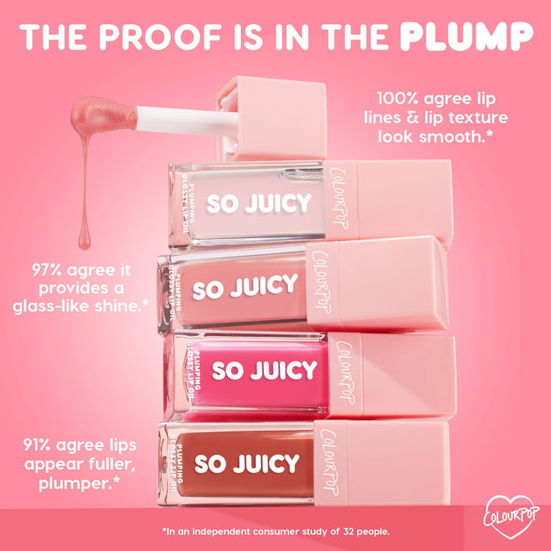 ColourPop So Juicy Lip Oil Set, Juicy Moment - set of four pink-capped tubes stacked with an open wand dripping rosy gloss - spotlights claims of glass-like shine, smoother lip lines, and fuller-looking lips on a pink backdrop; plumping glossy lip oils.