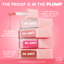 ColourPop So Juicy Plumping Glossy Lip Oil Hits Diff, four stacked tubes with a wand dripping gloss on a pink backdrop; infographic claims 100% smoother-looking lip lines, 97% glass-like shine, 91% fuller lips; shades in nude, coral, and hot pink.