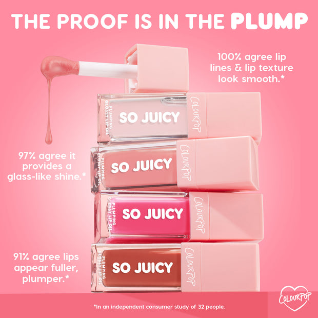 ColourPop So Juicy Plumping Glossy Lip Oil in So Sassy drips from a doe-foot applicator onto a stack of four SO JUICY tubes in nude, pink, fuchsia, and cocoa shades on a pink backdrop with callouts for glass-like shine and fuller, smoother lips.