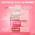 ColourPop So Juicy Plumping Glossy Lip Oil, Beverly Drive, shown as four clear, pink, and nude tubes stacked with a dripping doe-foot applicator on a pink claims graphic highlighting glass-like shine, smoother lines, and fuller lips.