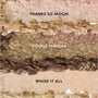 Crushed ColourPop Matcha and Mochi Super Shock Shadow swatches in three shimmery shades—champagne Thanks So Mochi, golden olive Double Matcha, and pale peach Whisk It All—layered horizontally on a textured background for US makeup lovers.