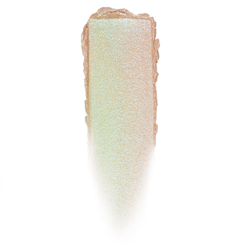 Shimmery sage-to-champagne eyeshadow swatch streaked vertically on a white background, highlighting the iridescent finish of Sage Bundle, a ColourPop Jelly Much Shadow, ideal for long-wear metallic glow on lids.