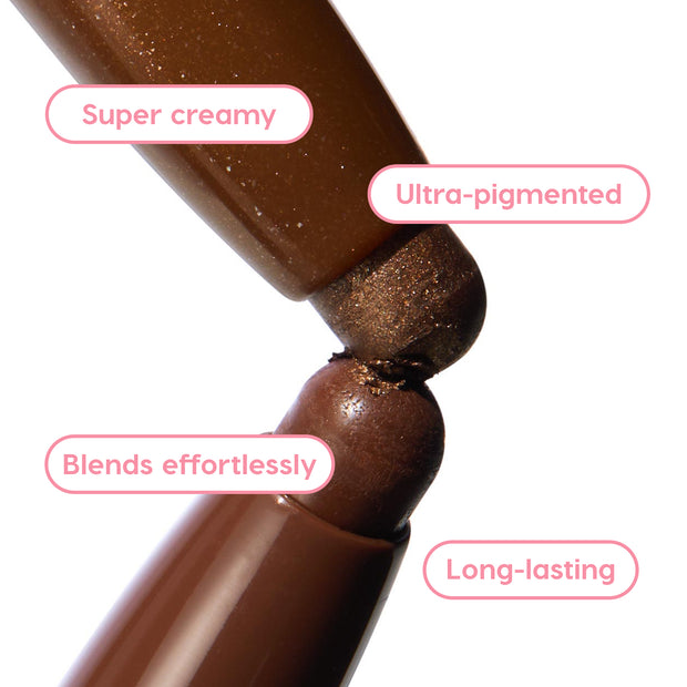 ColourPop Shadow Stix Essential Neutrals meet tip-to-tip, showcasing creamy, ultra-pigmented brown eyeshadow with subtle shimmer, with callouts for blends effortlessly and long-lasting performance on a white background.