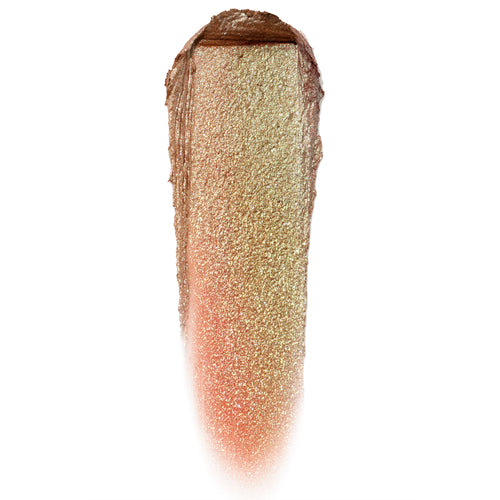 Shiny Penny Jelly Much Shadow swatch gleams in a vertical swipe, shifting from coppery bronze to peach with dense gold sparkle, showcasing the wet metallic finish of the ColourPop Jelly Much Shadow on a clean white background.