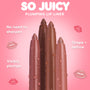 Tease, the ColourPop So Juicy Plumping Lip Liner with Peptides, stands as four twist-up nude pencils beaded with dewy droplets, shaping and defining lips against a pink gradient with callouts: No need to sharpen and Visibly plumps.