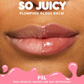Full lips show a split before-and-after: left bare, right plumped and glassy after applying ColourPop So Juicy Plumping Gloss Balm with Peptides, Lush Pout, in PSL, a peachy nude, shown in a close-up beauty demo.