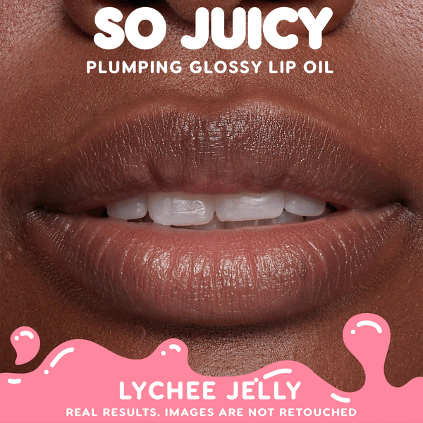 Close-up lips switching from bare to glossy as ColourPop So Juicy Plumping Glossy Lip Oil, So Sassy, is applied, revealing a fuller, high-shine finish in a studio before-and-after animation with product text overlays.