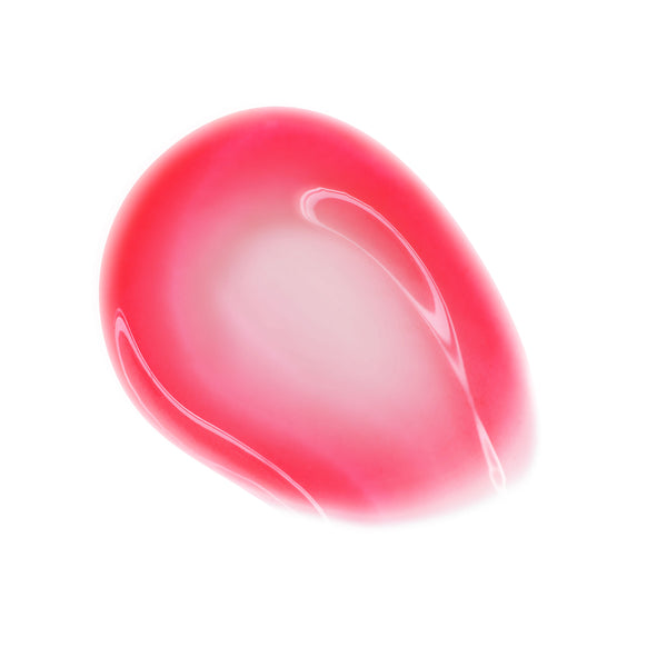 Swatch of Flirty Text, a ColourPop So Juicy Plumping Glossy Lip Oil, pooling in a smooth teardrop with high-shine finish; sheer hot pink tint with translucent center and glassy glow on a clean white background.