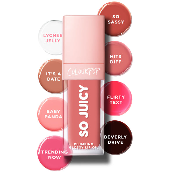 ColourPop So Juicy Plumping Glossy Lip Oil in So Sassy stands centered, its pink tube labeled So Juicy, surrounded by shade swatches: Lychee Jelly, It's a Date, Baby Panda, Trending Now, Hits Diff, Flirty Text, Beverly Drive on white.