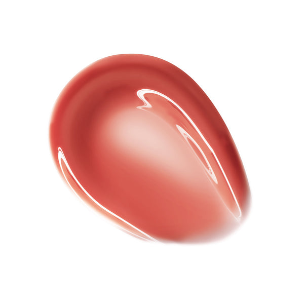 Glossy coral-peach swatch of ColourPop So Juicy Plumping Glossy Lip Oil in So Sassy, curving in a teardrop smear with high-shine highlights on a clean white background.