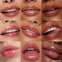 Glossy lips wear Charmed and Juicy shades, displayed in a 3x3 grid of close-ups showing high-shine payoff; shade names Lychee Jelly, Flirty Text, and Trending Now - part of the ColourPop So Juicy Lip Oil and Necklace Set.