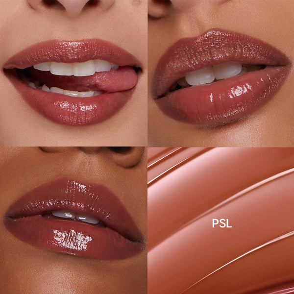 ColourPop So Juicy Plumping Gloss Balm with Peptides in PSL coats three sets of lips with a high-shine, plumping finish in warm terracotta nude, alongside a smooth swipe swatch labeled PSL, shown across varied skin tones.
