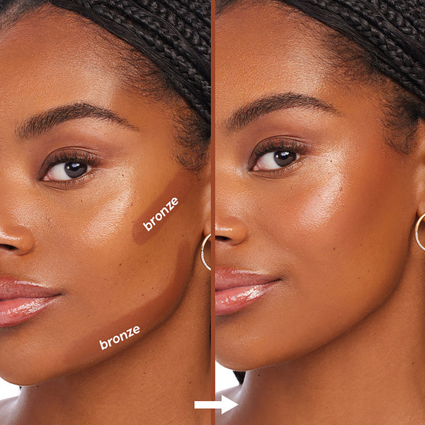 Shell Beach ColourPop Bronzer Stix defining cheek and jawline - left shows two bronze swipes before blending, right shows seamless sun-kissed finish on a model's split-face close-up, demonstrating creamy, buildable contour.