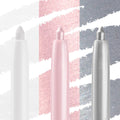 Total Essentials ColourPop Crème Gel Liner bundle stands upright - matte white, shimmery pink, and metallic silver - tips exposed with matching swipe swatches behind on a clean studio backdrop, showcasing creamy, long‑wear color payoff.