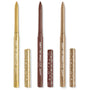 Three ColourPop Crème Gel Liner pencils from the Totally Neutral set show twist-up tips in metallic gold, deep brown, and bronze taupe, with doodled caps beside them, standing upright on a white background.