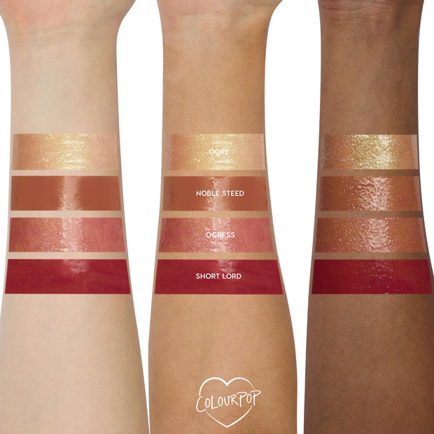 ColourPop Ultra Glossy Lip Ogress swatched on three arms from light to deep skin tones, showing a semi-sheer rosy pink gloss with fine shimmer and a high-shine finish; third row placement highlights coverage and sparkle in natural light.