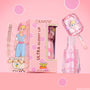 ColourPop Ultra Glossy Lip Peep This shows a shimmery light pink gloss as the wand lifts from an open clear bottle, set beside a pink polka-dot box with Bo Peep Toy Story art on a pink backdrop for a high-shine lip look.
