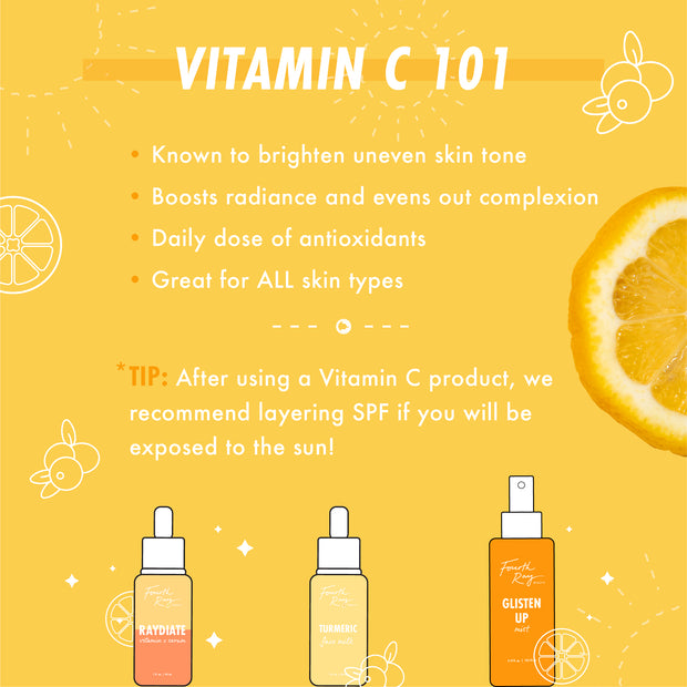 RAYdiate Vitamin C Serum face serum dropper bottle is showcased on a sunny citrus infographic with a lemon slice, highlighting brightening and antioxidant benefits beside Turmeric Face Milk and Glisten Up Mist - a ColourPop Face Serum by Fourth Ray Beauty.
