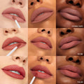 Lips showcase Warmed Up ColourPop Ultra Matte Lip bundle, swiped with a doe-foot applicator and shown in a 3x3 grid across light, medium, and deep complexions; shades labeled Double Date, So Me, and Tulum in soft warm nude-rose mattes.