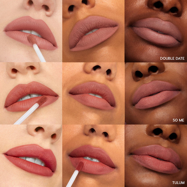 Lips showcase Warmed Up ColourPop Ultra Matte Lip bundle, swiped with a doe-foot applicator and shown in a 3x3 grid across light, medium, and deep complexions; shades labeled Double Date, So Me, and Tulum in soft warm nude-rose mattes.