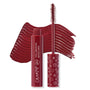 ColourPop BFF Mascara wand in Wine O'Clock brushing on rich burgundy pigment, shown with the open volumizing tube and patterned cap, set against a matching wine-red swipe to showcase color payoff and texture.