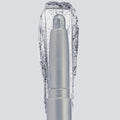 ColourPop Shadow Stix in Witch, Please showcases a creamy icy-silver shimmer, the crayon tip extended with a bold swatch behind to highlight pigment and sparkle, centered in a sleek silver tube on a light gray background.