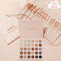 Doin’ the Most ColourPop Shadow Palette & Brush Set featuring the Bare Necessities 30‑pan neutral palette open with matte and shimmer nudes to deep browns, paired with a blush brush roll of white, rose‑gold brushes on a soft pink background with $175 value badge.