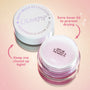ColourPop Jelly Much Shadow in Shiny Penny, open glass pot with inner lid and outer cap beside it, showing care tips to keep it sealed and save the inner lid to prevent drying, set on a pink starry gradient background.