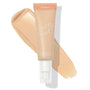 ColourPop Pretty Fresh Tinted Moisturizer in Fair 4 N shown in a pump tube over a beige swatch, highlighting the neutral fair shade and hyaluronic acid formula, peach-nude packaging with Pretty Fresh script on a white background.