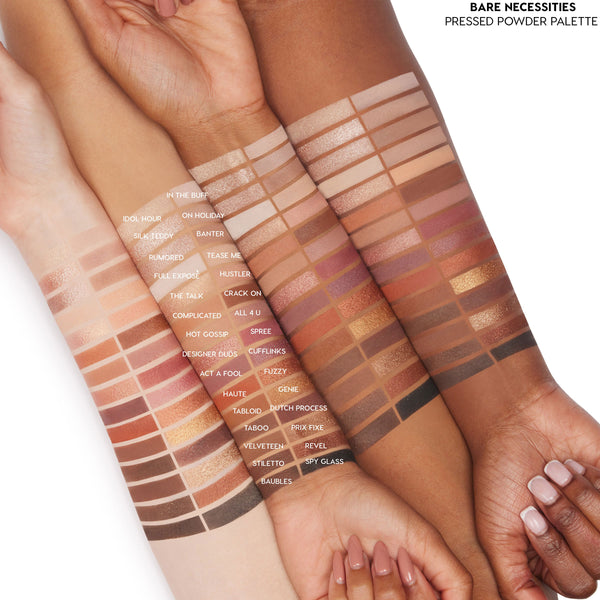 ColourPop Shadow Palette Bare Necessities swatched on three arms, showing a wide range of neutral mattes and shimmers from ivory to rich espresso; shade names labeled; pressed powder formula with even payoff across light, medium, and deep skin tones.
