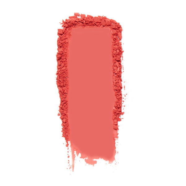 Let’s Dance ColourPop Pressed Powder Blush swatched in a bold matte coral stripe, with crushed pigment framing the edges on a clean white background, showcasing smooth payoff and blendable texture.