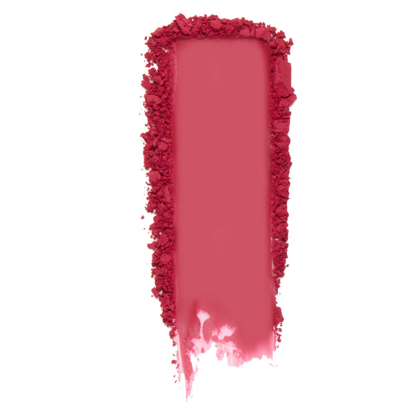 Babycakes ColourPop Pressed Powder Blush swatch, a rich berry-rose pink, dragged in a vertical swipe with soft powder crumble along the edges on a white background, showcasing bold pigment and smooth, blendable texture.