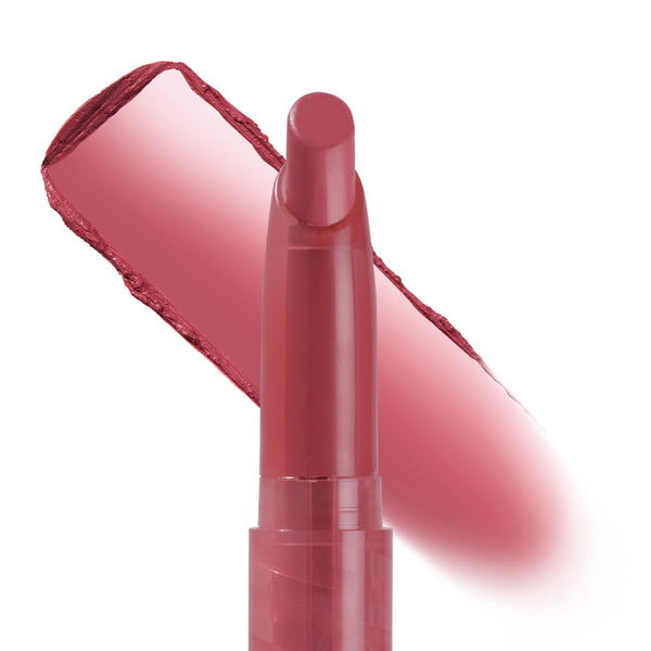 ColourPop Little Tings Lippie Stix stands uncapped, revealing a rosy mauve bullet with a creamy color swipe behind it on a white background, showcasing the pigment payoff and sleek pink tube.