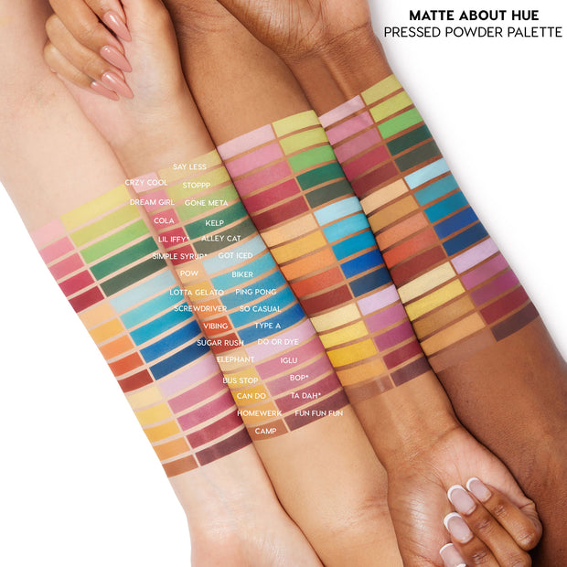 Crazy For Hue ColourPop Shadow Palette & Brush Set swatches span three varied skin tones, displaying matte pressed-powder rainbow shades from lime and teal to fuchsia and cocoa with labeled shade names in a clean studio setup.