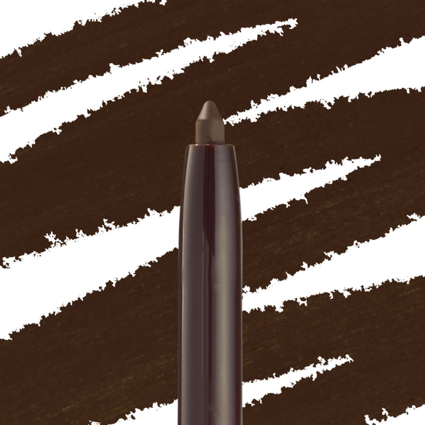 ColourPop Crème Gel Liner in Brew Haha, a deep coffee-brown shade, shown with a twist-up tip in close-up against bold brown swatch strokes on white, highlighting the creamy gel tip and precise pencil format.