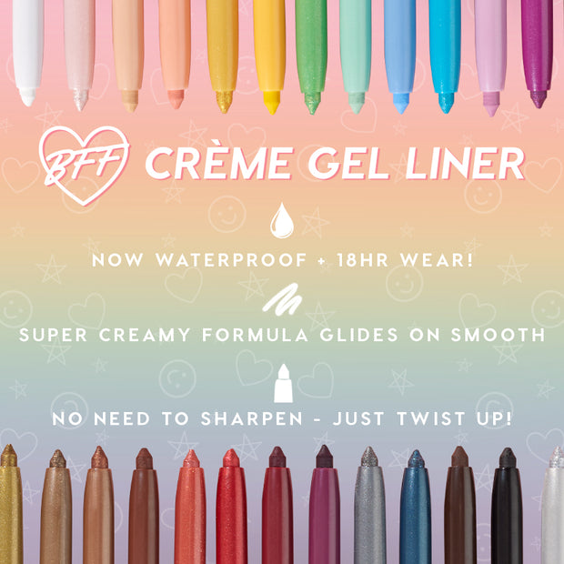 ColourPop Crème Gel Liner in Exit, a twist-up white eyeliner, displayed among a rainbow lineup on a pastel gradient background, emphasizing its creamy, smooth-gliding, waterproof formula with up to 18-hour wear.